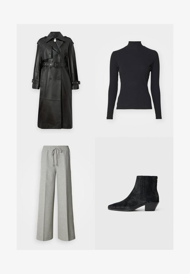 Zwarte leren trenchcoat met een ceintuur in de taille, dubbele knopen, scherpe kraag en geperforeerde details op de mouwen.; Zwarte geribde coltrui met lange mouwen. Gemaakt van rekbare stof met een getailleerde pasvorm en hoge kraag. Eenvoudig ontwerp zonder versieringen.; Lichtgrijze wijde broek met elastische tailleband en trekkoord, voorzakken en een subtiele gestructureerde stof.; Zwarte enkelboot met een spitse neus, textuur die lijkt op haar, ribbelpaneel aan de zijkant en een lage blokhak. Eenvoudig en modern ontwerp.