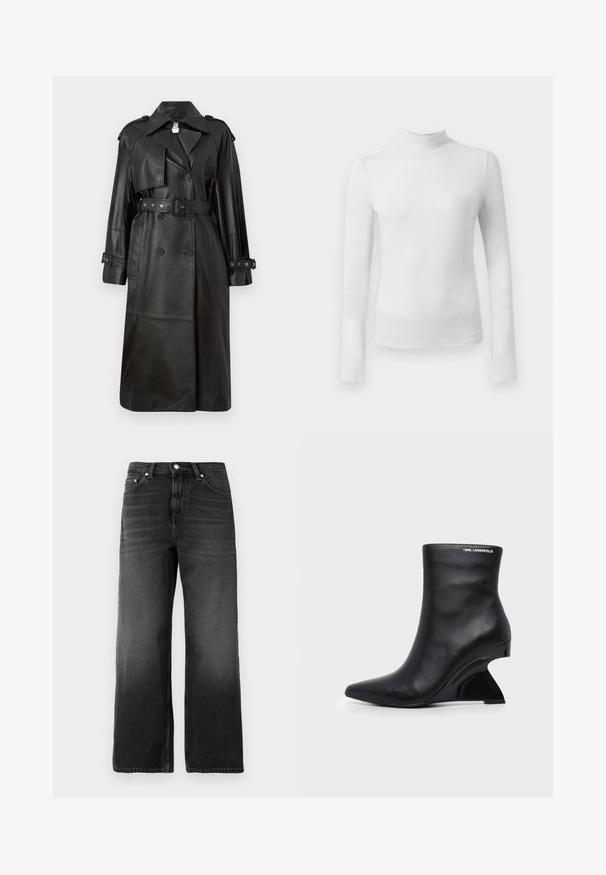 Zwarte leren trenchcoat met een ceintuur in de taille, dubbele knopen, scherpe kraag en geperforeerde details op de mouwen.; Witte lange mouwen coltrui gemaakt van een gestructureerde, glanzende stof. Heeft een slim fit en een hoge hals.; Zwarte denim jeans met een relaxte pasvorm, rechte pijp, vervaagde textuur, vijf-pocketstijl en een zilveren knoopsluiting bij de taille.; Zwarte leren enkellaars met gebogen gesculpteerde hak en Karl Lagerfeld-logo nabij de bovenrand op een witte achtergrond.
