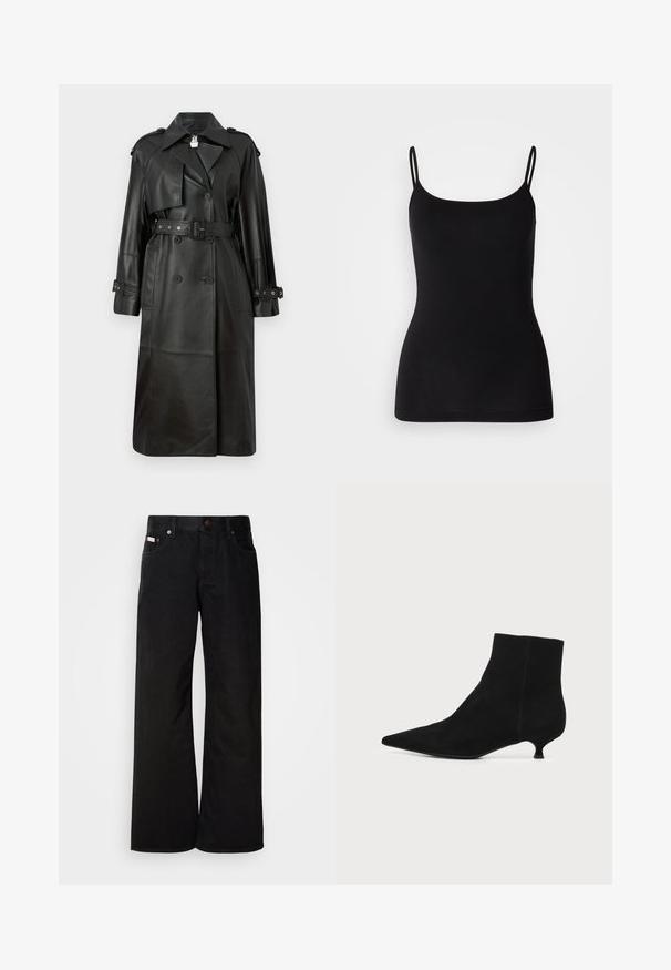 Schwarzer Leder-Trenchcoat mit tailliertem Gürtel, doppelter Knopfleiste, scharfem Kragen und gestanzten Details an den Ärmeln.; Schwarze Spaghetti-Top mit dünnen verstellbaren Trägern, glattem Stretchstoff und figurbetonter Silhouette. Keine Muster oder Verzierungen.; Schwarze weite Jeans aus Baumwolle. Verfügt über frontale Taschen, einen Knopfverschluss und eine klassische Denim-Textur. Minimalistisches Design ohne Muster.; Schwarzer Wildleder-Stiefelette mit spitzer Zehenpartie und niedrigem Kittenabsatz vor einfachem hellem Hintergrund.