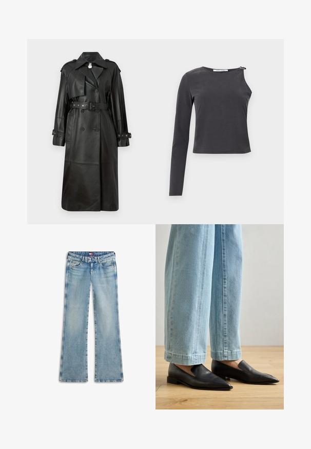 Schwarzer Leder-Trenchcoat mit tailliertem Gürtel, doppelter Knopfleiste, scharfem Kragen und gestanzten Details an den Ärmeln.; Schwarzes asymmetrisches Langarmtop mit einem vollen Ärmel und einer ärmellosen Seite, die eine Reißverschlussverzierung an der Schulter aufweist.; Hellblaue Bootcut-Denim-Jeans mit Doppelknopfverschluss, Vordertaschen und subtilen Verblassungen entlang der Nähte und Oberschenkel.; Schwarze Lederschuhe mit spitzem Zehenbereich und Schlupfdesign, kombiniert mit hellblauen weit geschnittenen Jeans, auf einem Holzboden.