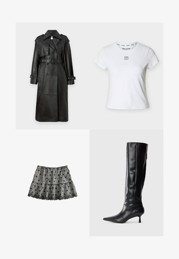Zwarte leren trenchcoat met een ceintuur in de taille, dubbele knopen, scherpe kraag en geperforeerde details op de mouwen.; Wit DKNY T-shirt met korte mouwen en ronde hals, met een klein zwart gestippeld "DKNY"-logo in het midden van de borst en "DKNY JEANS" gedrukt aan de binnenkant van de kraag.; Zwart-witte geruite rok met kleine zwarte bloemenprints en kanten rand langs de onderkant, elastische tailleband en geplooide stof.; Zwarte leren kniehoge laars met een spitse neus en slanke gebogen hak. Gladde textuur, aansluitend ontwerp en geen zichtbare hardware of patronen.