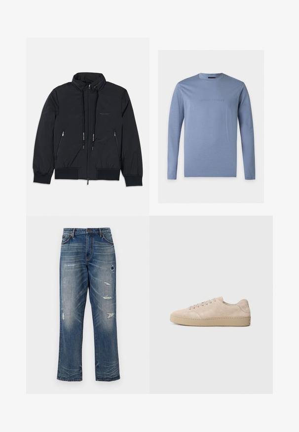 Veste isolée noire avec un col haut, fermeture éclair sur le devant, deux poches zippées sur les côtés, poignets élastiques et ourlet à cordon. Détails de logo subtils.; Chemise bleu clair à manches longues avec col rond et logo Emporio Armani en relief centré sur la poitrine, fond blanc.; Jeans en denim bleu avec une coupe décontractée, comprenant des patchs usés et un délavage. Ils possèdent des poches classiques et des coutures apparentes.; Baskets en daim beige avec un bout rond, des lacets plats et une semelle en caoutchouc texturé. Design minimaliste avec des bords lisses et des coutures discrètes.