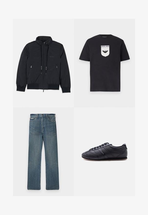 Chaqueta aislante negra con cuello alto, cierre frontal con cremallera, dos bolsillos laterales con cremallera, puños elásticos y dobladillo ajustable. Detalle sutil del logo.; Camiseta negra de manga corta con el logo de escudo de Emporio Armani en blanco y negro centrado en el pecho.; Jeans de denim azul con un ajuste relajado, con pierna recta, detalles desgastados y diseño clásico de cinco bolsillos. Cintura de talle medio.; Zapatilla negra de caña baja con cierre de cordones, diseño de paneles cosidos, suela texturizada y logo "ICEBERG" en el lateral, mostrada sobre un fondo claro.