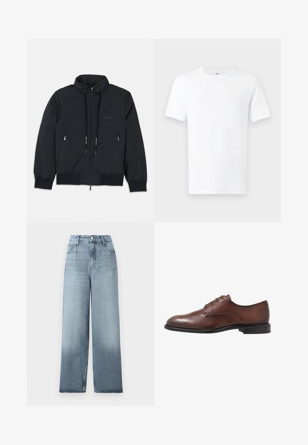 Chaqueta aislante negra con cuello alto, cierre frontal con cremallera, dos bolsillos laterales con cremallera, puños elásticos y dobladillo ajustable. Detalle sutil del logo.; Camiseta blanca lisa de manga corta y cuello redondo, mostrada de frente con la etiqueta del cuello visible sobre un fondo claro.; Vaqueros de pierna ancha, talle alto en color azul claro con cierre de botón y cremallera, bolsillos delanteros y presillas para cinturón sobre un fondo liso.; Zapato de vestir de cuero marrón con un acabado liso, punta redonda, cuatro ojetes y un bajo tacón de goma negra. Diseño sencillo sin patrones.