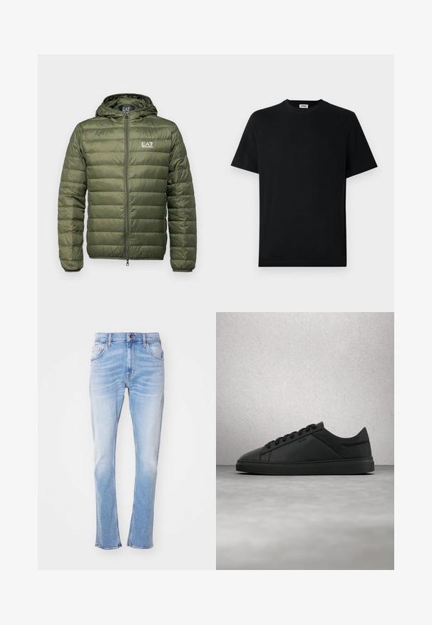 Olivgrüne Steppjacke mit Kapuze, gestepptem Design, voller Frontreißverschluss und EA7-Logo auf der Brust. Glattes, leichtes Material.; Schwarzes T-Shirt mit kurzem Arm und Rundhalsausschnitt, flach auf einem weißen Hintergrund liegend, mit einem kleinen Markenlabel im Kragen.; Helle blaue Jeans aus Denim mit geradem Bein, dezenten Verblassungen, fünf Taschen und Knopfverschluss. Keine sichtbaren Muster oder Verzierungen.; Schwarzer flacher Ledersneaker mit Schnürsenkeln und "BOSS"-Logo, schwebend über einem glatten Betonboden in der Nähe von Glasbausteinen.