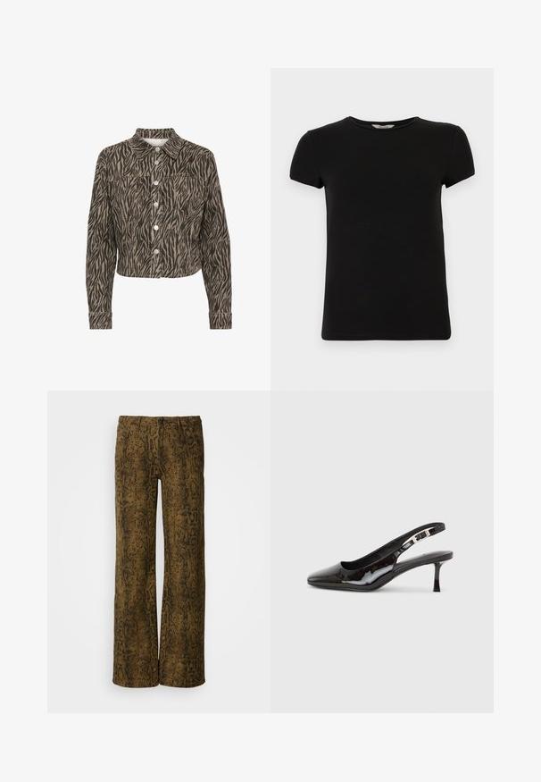 Kaffe KALEONDRA - Veste en jean - feather gray black animal; T-shirt noir à manches courtes avec un col rond, fabriqué en coton lisse, présentant un design simple sans motifs ou accents visibles.; Pantalons marron à jambes larges avec un motif imprimé serpent texturé en noir. Comprend une fermeture à bouton et un design traditionnel à cinq poches.; Chaussure slingback en cuir verni noir avec bout pointu, boucle argentée et talon kitten de hauteur moyenne sur un fond clair uni.