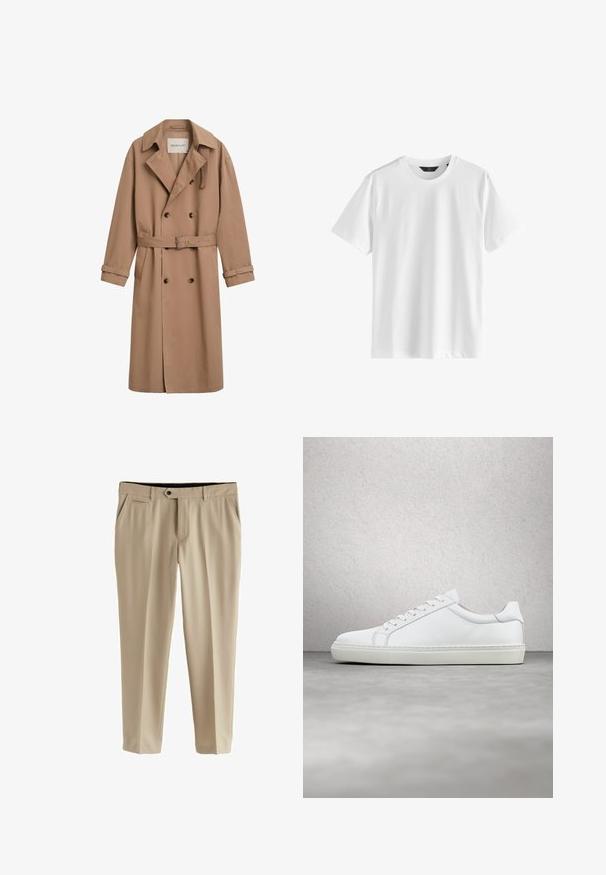 Lysebrune trenchcoat med dobbeltsyet design, bred krave og bælte i taljen. Fremstillet af et glat stof med knapdetaljer.; Hvid bomuld t-shirt med korte ærmer og rund hals. Glat tekstur, enkelt design, ingen synlige mønstre eller detaljer.; Beige bukser lavet af glat stof. Har en flad front, to sidelommer og en knaplukning med lynlås.; Hvide sneakers med en glat læderoverdel og lav profil. Har en rund tå, seks snørehuller og en tekstureret gummisål.