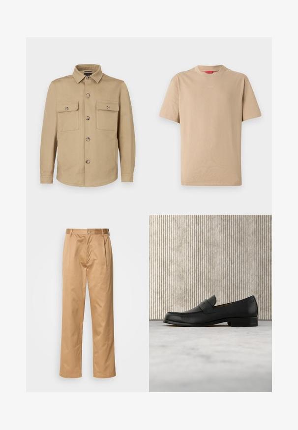 Veste beige en tissu doux avec fermeture boutonnée devant, deux poches poitrine et col. Texture lisse et coupe cintrée.; T-shirt en coton beige à manches courtes, col rond, avec un logo "HUGO" discret au centre. Texture lisse, coupe décontractée.; Pantalons khaki, en mélange de coton, coupe droite, plis avant, passants de ceinture et fermeture à bouton. Texture lisse sans motifs.; Mocassin en cuir noir flottant au-dessus d'un tapis beige avec une table ronde brune brillante en arrière-plan.