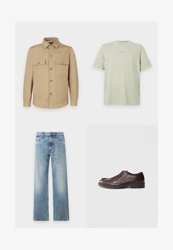 Veste beige en tissu doux avec fermeture boutonnée devant, deux poches poitrine et col. Texture lisse et coupe cintrée.; T-shirt en coton vert clair avec un col rond, des manches courtes et un petit logo Calvin Klein imprimé en une teinte plus foncée sur la poitrine.; Jean droit en denim bleu clair avec taille haute, cinq poches, fermeture à boutons et léger délavage sur les cuisses et les genoux.; Chaussure habillée en cuir marron avec un bout arrondi, des accents de couture minimum, et une semelle noire robuste. Présente un système de laçage et une texture lisse.