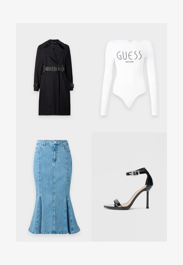 Zwarte trenchcoat met een ceintuurbundel, brede kraag en knoopmanchetten. Gemaakt van een gladde stof met een minimalistisch ontwerp en zonder patronen.; Witte lange mouw bodysuit met een ronde hals. Voorzien van het 'GUESS' logo en 'EST.1981' in het zwart gedrukt op de voorkant. Soepele textuur.; Lichtblauwe denim kokerrok met een uitlopende zoom en zijsplitsingen, voorzien van een knoopsluiting aan de voorkant en zakken. Eenvoudig, schoon ontwerp.; Zwarte sandalen met hoge hak van lakleer en een enkelriempje. Heeft een minimalistisch ontwerp, open teen en een gesp met strass-steentjes.