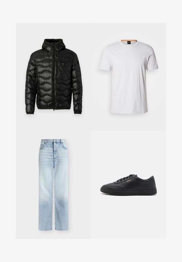 Chaqueta acolchada negra con una textura brillante, capucha, cierre de cremallera y patrón en forma de ola. Presenta un bolsillo en el pecho y acentos en amarillo contrastante.; Camiseta de manga corta blanca hecha de suave algodón, con un cuello redondo y un sutil detalle de logo en blanco a juego en la parte delantera.; Vaqueros azul claro de talle alto y pierna recta con bolsillos delanteros, trabillas para cinturón y cierre de botón.; Zapatillas de cuero negro con una textura suave, punta redondeada, suela plana de goma y cordones a tono. Presentan el logotipo dorado "BOSS" en el lateral.