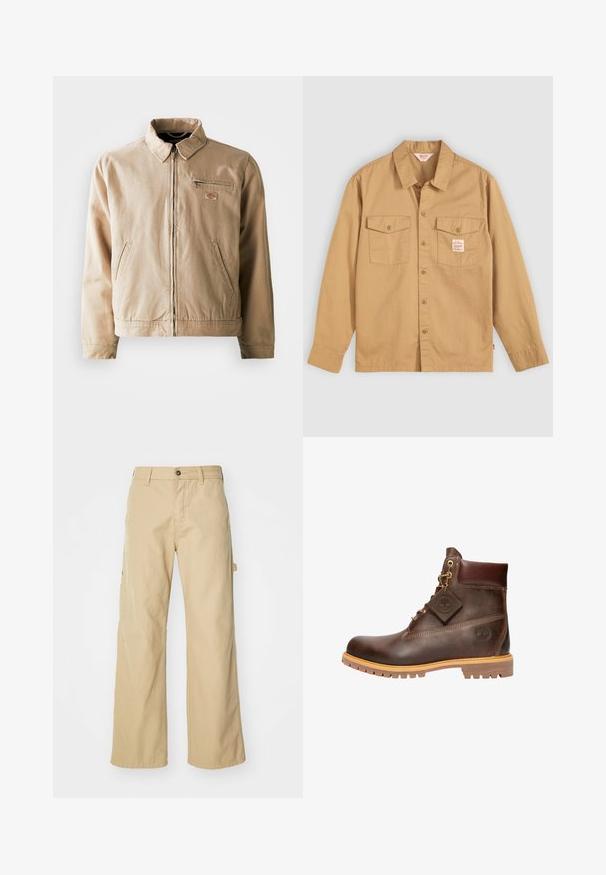 Beige canvasjakke med lynlås foran, ståkrave og to sidelommer. Inkluderer et lille logo-patch på brystet.; Tan knapkrave skjorte med lange ærmer, to brystlommer og et lille mærke. Lavet af bomuld med en blød tekstur og klassisk kravedesign.; Beige brede cargo bukser med knaplukning, der har sidelommer, lavet af slidstærkt bomuldsstof, glat tekstur og lige skæring.; Brun læder ankelstøvle med rund tå, solid sål, hardware i guldtone og en tekstureret overdel. Inkluderer et logo-tagfæstet.