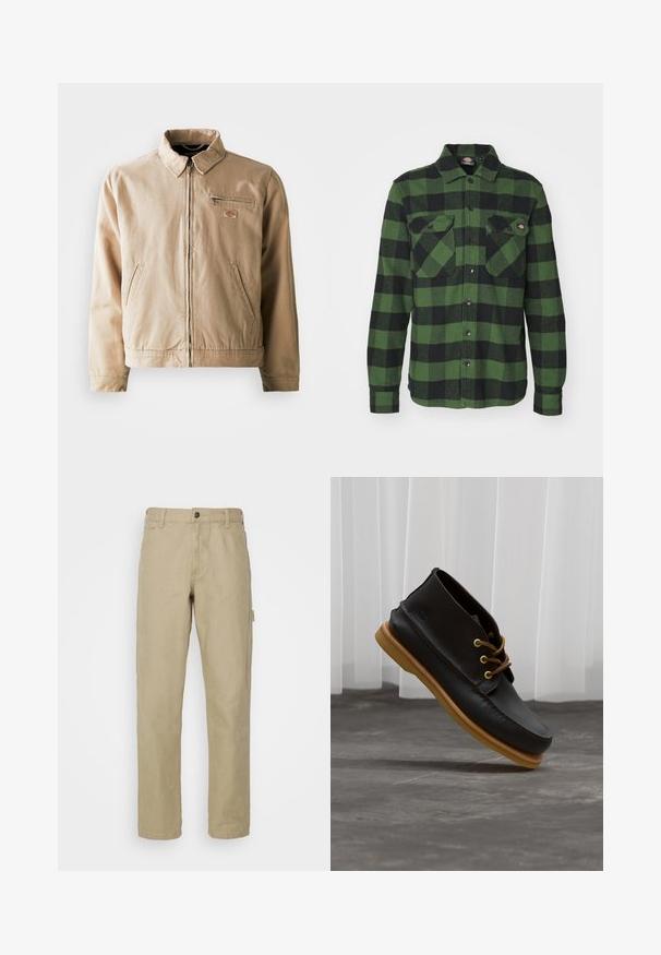 Chaqueta de lona beige con cremallera frontal, cuello alzado y dos bolsillos laterales. Incluye un pequeño parche con logo en el pecho.; Camisa de franela a cuadros verde y negra con dos bolsillos en el pecho, cierre de botones, mangas largas y cuello puntiagudo. Textura suave.; Pantalones de algodón beige con un diseño de pierna recta, que cuentan con un cierre frontal de botón, cinco bolsillos y un bolsillo lateral tipo cargo.; Zapatos de cuero negro con un acabado suave, punta redonda, cordones marrones y suelas de goma marrón claro. Logo embossado en el costado.
