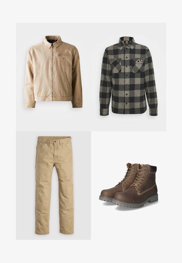 Beige canvas jack met een ritssluiting aan de voorkant, staande kraag en twee zijzakken. Inclusief een klein logo-opstrijken op de borst.; Zwart en grijs geblokt flanellen shirt met lange mouwen, knoopsluiting aan de voorkant, twee borstzakken en een licht gebogen zoom. Gegarneerde stof.; Khaki werkkledingbroek van stevig katoen, met een rechte pijp, verstevigde knieën en meerdere voorzakken.; Bruine leren enkellaarsjes met veters, een geveerd kraagje, contrasterende stiksels en een robuuste rubberen zool met grippatronen.
