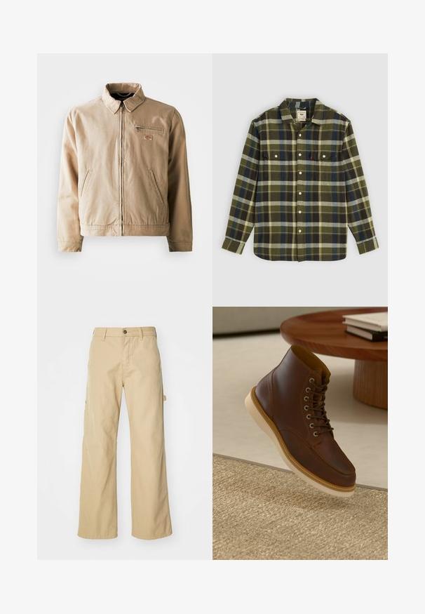 Beige lerretjakke med glidelås foran, stiv krage og to sidelommer. Inkluderer et lite logo-patch på brystet.; Grønn rutete flanellskjorte med lange ermer, med to brystlommer og hvite knapper. Materialet har en myk tekstur og et avslappet design.; Beige vide bukse med lommer, med knappelukking og laget av solid bomull. Den har en glatt tekstur og rettskåret design.; Brune lærstøvle med beige sål på et struktureret beige tæppe ved siden af et rundt træbord med stabelde bøger.