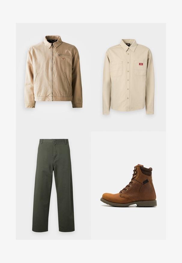 Chaqueta de lona beige con cremallera frontal, cuello alzado y dos bolsillos laterales. Incluye un pequeño parche con logo en el pecho.; Camisa de manga larga con botones, con rayas verticales en beige y blanco, cuello, dos bolsillos en el pecho y una etiqueta roja con el logo de Dickies en el bolsillo derecho.; Pantalones de algodón verdes con un diseño de pierna recta, cierre frontal de botón y bolsillos laterales. Textura suave, estilo simple y sin patrones visibles.; Harley Davidson DARNEL CE RIDING APPROVED - Botines con cordones - brown