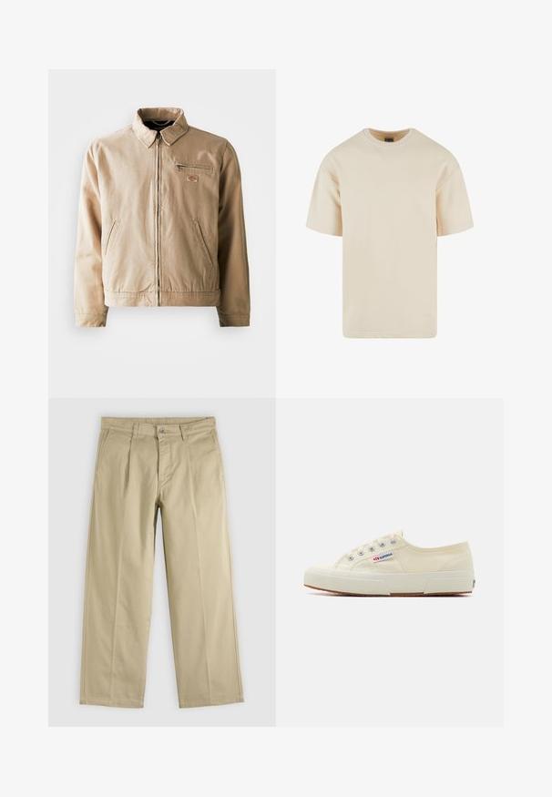 Beige Canvas-Jacke mit Reißverschluss, Stehkragen und zwei Seitentaschen. Mit einem kleinen Logopatch auf der Brust.; Beige Baumwoll-T-Shirt mit Rundhalsausschnitt, kurzen Ärmeln und geradem Schnitt. Glatte Textur und keine sichtbaren Muster oder Akzente.; Beige gerade geschnittene Hose mit Vorderfalten, Gürtelschlaufen, Seitentaschen und Knopfverschluss am Bund.; Beige Leinen-Sneaker mit niedrigem Profil, Metallösen und Gummisohle. Mit einem strukturierten Muster und einem Logodetail an der Seite.