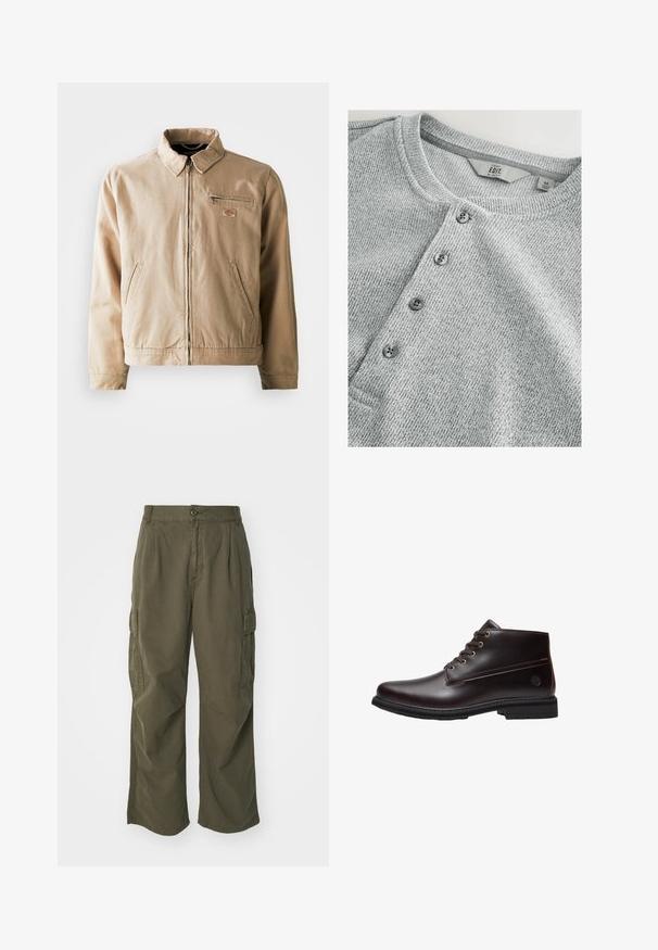 Chaqueta de lona beige con cremallera frontal, cuello alzado y dos bolsillos laterales. Incluye un pequeño parche con logo en el pecho.; Camisa de punto gris de manga larga con cuello redondo, tapeta de cinco botones, textura acanalada y un diseño ajustado. La etiqueta indica talla M.; Pantalones cargo en verde oliva, fabricados en algodón, con un diseño de pierna ancha, pliegues y bolsillos laterales para mayor utilidad.; Botín de cuero marrón oscuro con cordones, suela negra y logo sutil de la marca en el lateral, mostrado de perfil sobre un fondo blanco.