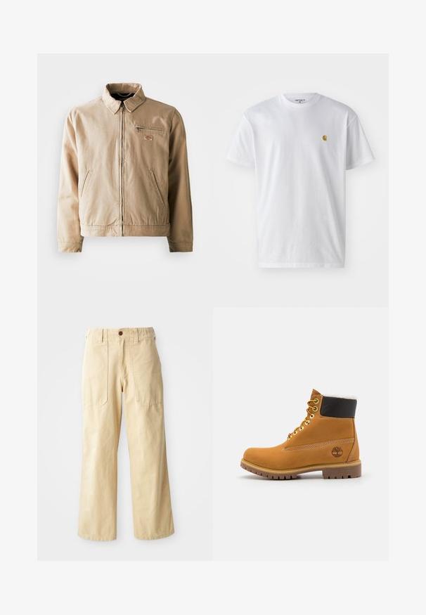 Beige canvasjakke med lynlås foran, ståkrave og to sidelommer. Inkluderer et lille logo-patch på brystet.; Hvid bomulds t-shirt med korte ærmer, rund hals og et lille guld logo på venstre brystområde. Blød tekstur og almindelig pasform.; Beige brede benbukser lavet af bomuld. De har en høj talje, to forlommer med flad design og en enkelt knaplukning.; Brune læder ankelstøvle med metaløjer, hvid pelsforing, sort polstret krave, robust sål og præget logo på siden.