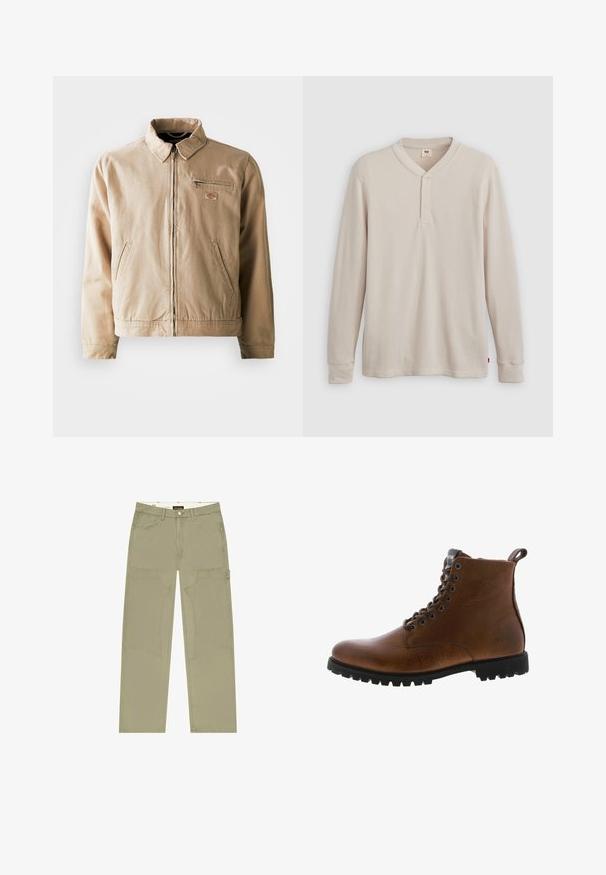 Chaqueta de lona beige con cremallera frontal, cuello alzado y dos bolsillos laterales. Incluye un pequeño parche con logo en el pecho.; Camisa tipo henley de manga larga en tejido acanalado color beige claro, con escote en V,tapeta de tres botones, y mangas con puños. Etiqueta de logo roja en el dobladillo.; Pantalones de pierna ancha color caqui confeccionados en tela resistente, con grandes bolsillos parche y detalle de costura en contraste. Cierre con botones en la cintura.; Botas de cuero marrón hasta el tobillo con acabado texturizado, ojales de metal y suela de goma negra con protuberancias. Presenta una lengüeta en la parte posterior para facilitar su uso.