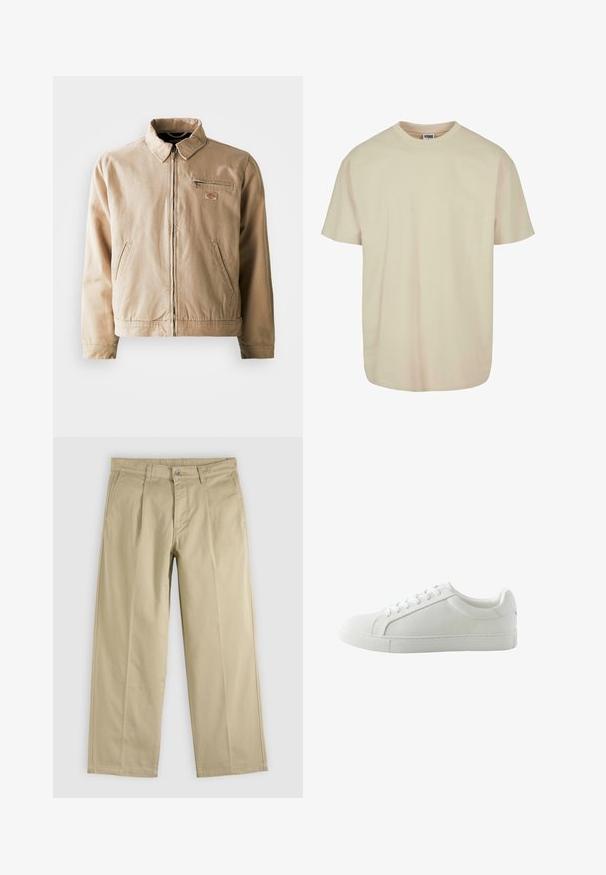 Beige canvas jack met een ritssluiting aan de voorkant, staande kraag en twee zijzakken. Inclusief een klein logo-opstrijken op de borst.; Korte mouwen t-shirt in lichtbeige katoen met een ronde hals, voorzien van een relaxte pasvorm en een zachte textuur, zonder zichtbare patronen of accenten.; Beige recht gesneden broek met plooien aan de voorkant, riemlussen, zijzakken en een knoopsluiting in de taille.; Witte lage sneaker met veters, glad bovenwerk en platte rubberen zool, afgebeeld vanuit de binnenkant zijkant op een witte achtergrond.