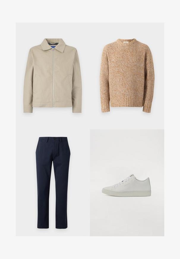 Veste beige légère avec col, fermeture zippée à l'avant et poches latérales. Fabriquée en tissu lisse, avec un design épuré et minimaliste.; Pull en tricot dans des teintes beige et orange, présentant un motif côtelé texturé, un col rond et des manches longues avec un ourlet droit.; Pantalon bleu marine droit avec passants de ceinture, fermeture boutonnée sur le devant et poches latérales, présenté sur un fond uni.; Baskets en cuir blanc au design bas, avec des lacets ronds, des coutures minimales et une semelle en caoutchouc texturée.