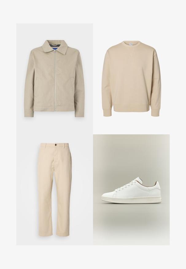 Veste beige légère avec col, fermeture zippée à l'avant et poches latérales. Fabriquée en tissu lisse, avec un design épuré et minimaliste.; Sweat-shirt beige à col rond, manches longues, poignets et ourlet côtelés, avec un petit détail en V cousu sous le col.; Pantalons en coton beige avec jambes droites, fermeture à bouton à l'avant, poches latérales et texture lisse. Design minimaliste, sans motifs visibles.; Baskets basses blanches à lacets sur l'avant, tige en cuir lisse et semelle beige clair sur fond neutre.