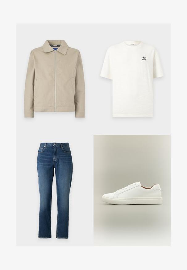 Veste beige légère avec col, fermeture zippée à l'avant et poches latérales. Fabriquée en tissu lisse, avec un design épuré et minimaliste.; T-shirt blanc à manches courtes et col rond avec petit logo "Joop! Jeans" en noir sur le haut gauche de la poitrine.; Jeans en denim bleu foncé avec une coupe droite, un design à cinq poches, une fermeture à bouton et à glissière, et un léger délavage près des cuisses.; Baskets blanches basses avec fermeture à lacets et semelle plate, vues de côté sur un fond neutre.
