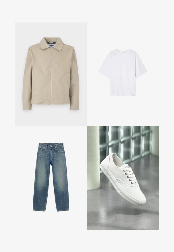 Veste beige légère avec col, fermeture zippée à l'avant et poches latérales. Fabriquée en tissu lisse, avec un design épuré et minimaliste.; T-shirt blanc à manches courtes en tissu doux. Il présente un col rond et une coupe décontractée avec un ourlet droit. Aucun motif ni élément métallique.; Jean en denim bleu coupe droite avec poches avant, passants de ceinture et fermeture par bouton, présenté sur fond blanc.; Baskets basses blanches en toile avec lacets, étiquetées Tommy Hilfiger, montrées flottant au-dessus d’un sol gris lisse près d’un mur en briques de verre.