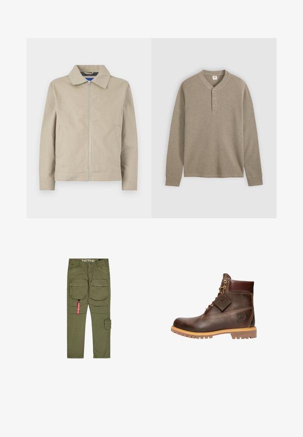 Veste beige légère avec col, fermeture zippée à l'avant et poches latérales. Fabriquée en tissu lisse, avec un design épuré et minimaliste.; T-shirt Henley à manches longues en maille côtelée de couleur marron clair avec col rond et patte de boutonnage à trois boutons.; Pantalons cargo tactiques en vert olive, présentant de multiples poches, un tissu durable et un accent de tag rouge. Design à jambes droites avec une taille robuste.; Bottine marron en cuir avec col rembourré, laçage frontal, semelle robuste, et logo Timberland visible sur le côté et sur l'étiquette attachée.