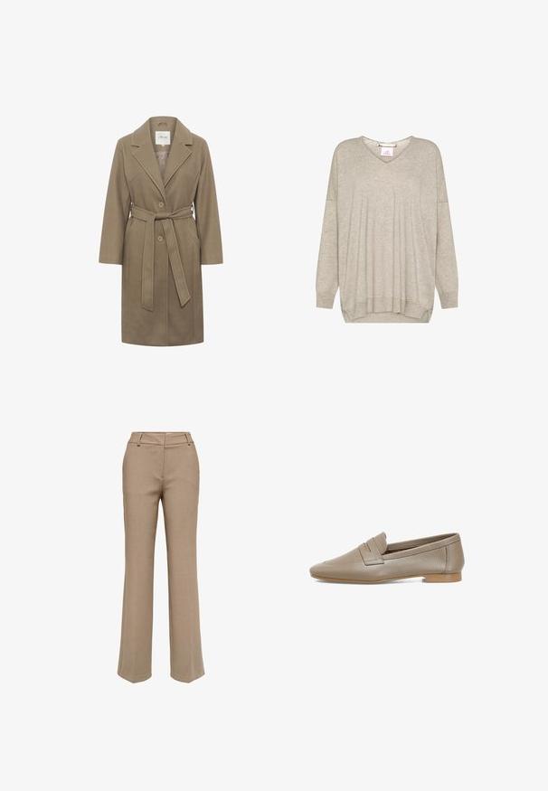 Manteau khaki ceinturé avec un col cranté, deux boutons ronds et des poches latérales. Présente une texture lisse et un design ajusté.; Pull en maille beige clair à manches longues avec col en V et poignets et ourlet côtelés, présentant une coupe légèrement ample et des coutures d’épaule tombantes.; Pantalon beige à jambes droites avec passants pour ceinture et fermeture éclair devant, présenté sur fond blanc.; Mocassins en cuir beige avec une surface texturée, dotés d'un talon plat et d'un embout arrondi. Comprend un pli décoratif sur le dessus.