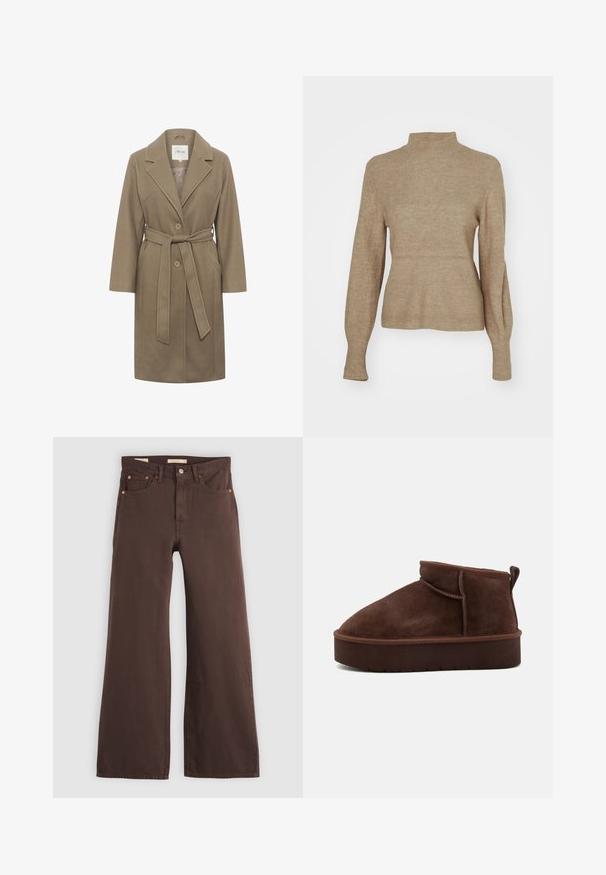 Manteau khaki ceinturé avec un col cranté, deux boutons ronds et des poches latérales. Présente une texture lisse et un design ajusté.; Pull en tricot beige à côtes avec un col montant et un corps ajusté. Les longues manches se resserrent aux poignets, mettant en avant une texture douce et un design décontracté.; Jeans marron à jambes larges, taille haute, cinq poches, et fermeture par bouton, posés à plat sur un fond clair.; Bottine en suede marron, avec un bout arrondi, une texture douce et une semelle épaisse. Elle présente un discret détail de couture et une languette à l'arrière.