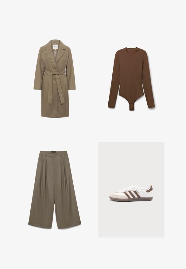 Manteau khaki ceinturé avec un col cranté, deux boutons ronds et des poches latérales. Présente une texture lisse et un design ajusté.; Bodysuit marron à manches longues fabriqué dans un tissu lisse, avec un col rond, un design ajusté et une fermeture à pression en bas.; Pantalon large et coupé court taille haute en taupe, avec passants de ceinture, poches latérales et plis à l'avant, idéal pour un look décontracté mais soigné.; Baskets blanches Adidas Samba avec des bandes en daim marron, un patch marron au talon, un bout beige et une semelle en caoutchouc translucide, vues de côté.