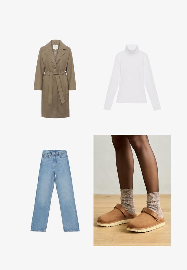 Manteau khaki ceinturé avec un col cranté, deux boutons ronds et des poches latérales. Présente une texture lisse et un design ajusté.; Haut à col roulé à manches longues blanc, fabriqué en tissu lisse et extensible. Il présente un col haut et une coupe ajustée, sans motifs ni embellissements visibles.; Jean en denim bleu clair avec une taille haute, coupe droite, comprenant cinq poches et une fermeture à boutons. Aucun motif visible.; Sabots en suède marron avec une sangle, semelle en caoutchouc crème et chaussettes en tricot gris texturé. Le sol est en bois clair.
