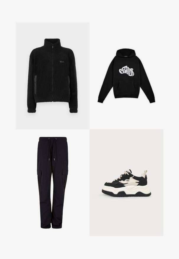 Zwarte fleece jas met een hoge kraag, een volledige ritssluiting en zijzakken met gladde stoffen accenten. Zachte textuur overal.; Pegador PALUMA OVERSIZED HOODIE - Sweater - black; Zwarte cargobroek van zachte stof, met een elastische tailleband met trekkoord en zijzakken. Rechtdoorgaand ontwerp.; Chunky zwart-witte sneaker met dikke zool, veters aan de voorkant en trektab aan de hiel, tegen een eenvoudige lichte achtergrond.