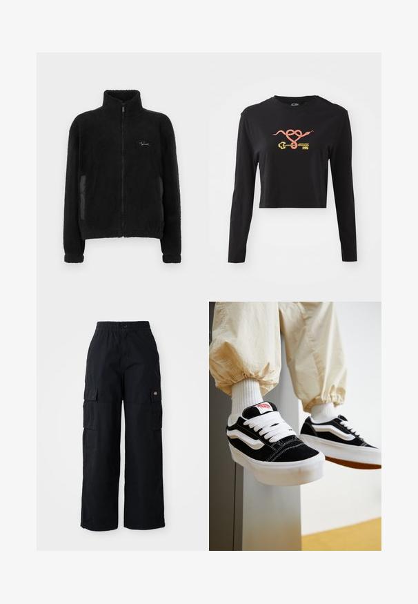 Zwarte fleece jas met een hoge kraag, een volledige ritssluiting en zijzakken met gladde stoffen accenten. Zachte textuur overal.; Zwarte lange mouwen crop top van katoen. Voorzien van een kleurrrafische weergave van een slang en een sleutel aan de voorkant. Eenvoudig ontwerp met ronde hals.; Zwarte cargobroek met een elastische tailleband en een knop. Heeft twee grote zijzakken en een logo patch op het linkerpijp. Wijde pijpdesign.; Persoon die zwart-witte Vans sneakers draagt met witte veters, witte sokken en beige broek met elastische manchetten.