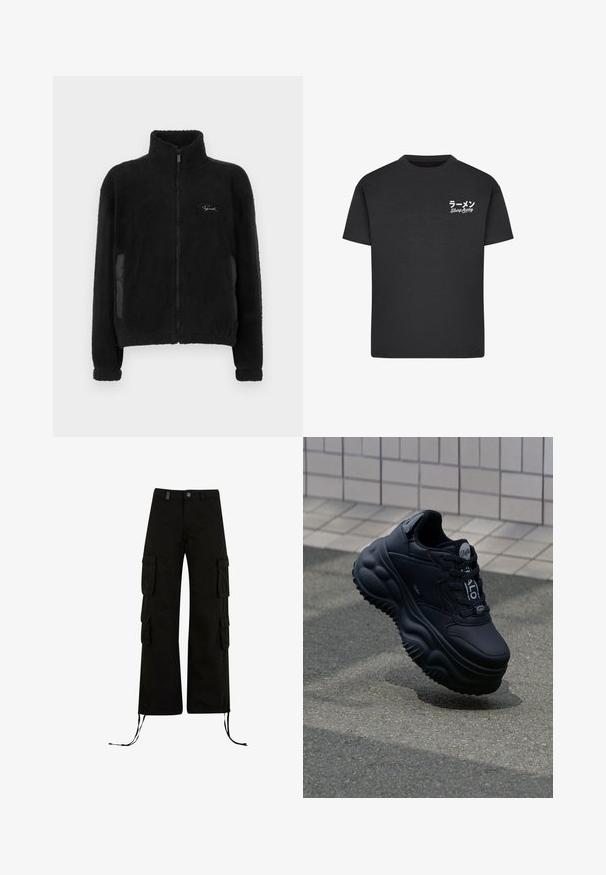 Zwarte fleece jas met een hoge kraag, een volledige ritssluiting en zijzakken met gladde stoffen accenten. Zachte textuur overal.; Zwarte katoenen t-shirt met een ronde hals. Bevat witte tekst, waaronder Japanse karakters en "Slurp Away", op de linkerborst.; Zwarte cargobroek met een relaxte pasvorm, met cargozakken aan de zijkanten, koordjes aan de onderkant en een knoopsluiting in de taille.; Zwarte stevige sneakers met een glad leren bovenwerk, verhoogde zool met golvende patronen en veters voor een veilige pasvorm. Merken op de tong.