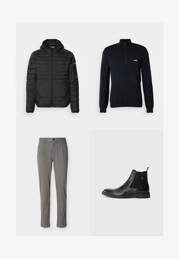 Zwarte gewatteerde, gevoerde jas met een rits aan de voorkant, ritszakken aan de zijkant en een ritsvak op de linker mouw, tegen een witte achtergrond.; Marine pullover met een hoge kraag en een halve rits. Het materiaal is zacht met een gestructureerde afwerking. Heeft een klein wit "BOSS" logo op de borst.; Grijze broek met een smalle pasvorm, voorzien van een knoopsluiting, plooidetails aan de voorkant, een gladde textuur en taps toelopende pijpen.; Zwarte leren Chelsea-boots met elastische zijpanelen, een treklipje en een vlakke rubberen zool. Gladde textuur met minimale details.