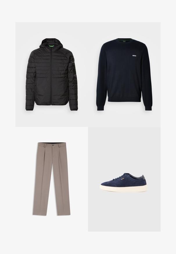 Sort quiltet hættejakke med frontlynlås, lynlåslommer på siden og en lynlåslomme på venstre ærme mod en hvid baggrund.; Marineblå langærmet sweatshirt med rund hals og ribbede manchetter og kant, med et lille hvidt "BOSS" logo på venstre bryst.; Lysebrune herrebukser med bæltestropper, plisseringer, knaplukning foran og lynlås, lagt fladt på en hvid baggrund.; Marineblå ruskindssneaker med hvid gummisål, rundet tå, tonale snørebånd og præget logo på siden. Lavprofildesign med blød tekstur.