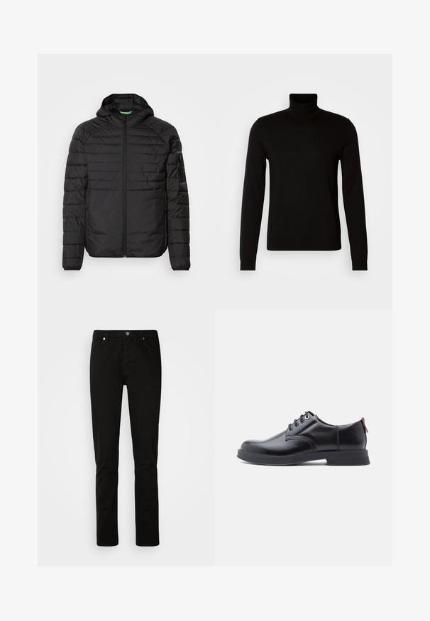 Sort quiltet hættejakke med frontlynlås, lynlåslommer på siden og en lynlåslomme på venstre ærme mod en hvid baggrund.; Sort turtleneck sweater lavet af et fint strikket stof, der har lange ærmer og en tætsiddende silhuet. Glat tekstur med ribbede manchetter.; Sorte denimbukser med slim fit, der har lynlås og fem-pocket design. Glat tekstur og solid syning.; Sorte snørestøvler i læder med glat tekstur, rundet tå og diskrete syningsdetaljer. Har en rød trækflig på hælen.