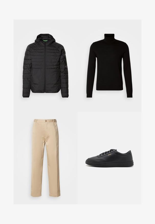 Veste à capuche matelassée noire avec fermeture éclair à l'avant, poches latérales zippées et une poche zippée sur la manche gauche sur fond blanc.; Pull col roulé noir en tissu tricoté fin, doté de manches longues et d'une silhouette ajustée. Texture lisse avec des poignets côtelés.; Pantalons beiges en tissu léger, avec une coupe droite, une taille avec passants de ceinture et une fermeture à bouton sur le devant.; Baskets en cuir noir avec une texture lisse, bout rond, semelle en caoutchouc plate et lacets ton sur ton. Présente une marque "BOSS" dorée sur le côté.