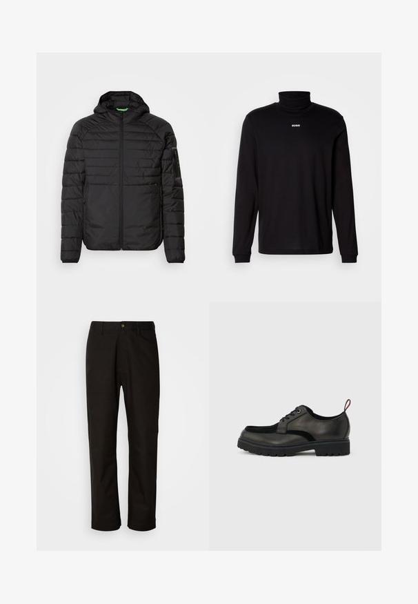 Veste à capuche matelassée noire avec fermeture éclair à l'avant, poches latérales zippées et une poche zippée sur la manche gauche sur fond blanc.; T-shirt à col roulé noir à manches longues en tissu lisse, avec un logo "HUGO" blanc sur la poitrine, doté de poignets et d'un ourlet ajustés.; Pantalon en coton noir avec une coupe droite, des passants de ceinture, une fermeture éclair à l'avant et un seul bouton. Texture lisse sans motifs visibles.; Chaussure noire en cuir à lacets avec semelle épaisse crantée et languette rouge à l'arrière, vue de profil sur un fond gris clair.