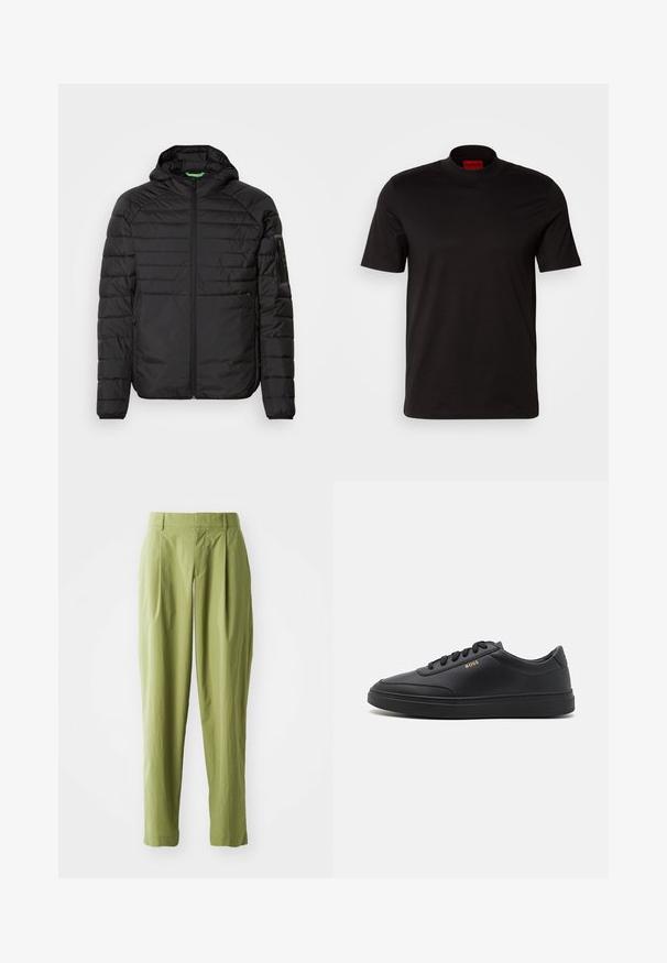 Sort quiltet hættejakke med frontlynlås, lynlåslommer på siden og en lynlåslomme på venstre ærme mod en hvid baggrund.; Sort kortærmet t-shirt med høj hals design. Fremstillet af glat stof. Har et rødt mærke på indersiden af kraven.; Lys grønne bukser lavet af et struktureret stof, med en lige form, folder foran og en standard talje.; Sorte lædersneakers med en glat overflade, rund tå, flad gummisål og tonede snørebånd. Udstyret med guld "BOSS" branding på siden.