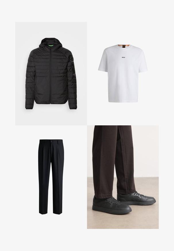 Schwarze gesteppte Kapuzenjacke mit Frontreißverschluss, seitlichen Reißverschlusstaschen und einer Reißverschlusstasche auf dem linken Ärmel vor einem weißen Hintergrund.; Weißes Baumwoll-T-Shirt mit kurzen Ärmeln, ausgestattet mit einem schwarzen "BOSS"-Logo, das mittig auf der Brust platziert ist, und einem runden Halsausschnitt.; Schwarze Hose aus glattem Stoff, mit geradem Bein-Design, Falten vorne und einem Knopfverschluss mit Gürtelschlaufen.; Schwarze Sneakers mit einer glatten, lederähnlichen Textur, runder Zehenpartie und Schnürdesign. Kombiniert mit dunklen, locker sitzenden Hosen. Flache Gummisohle.