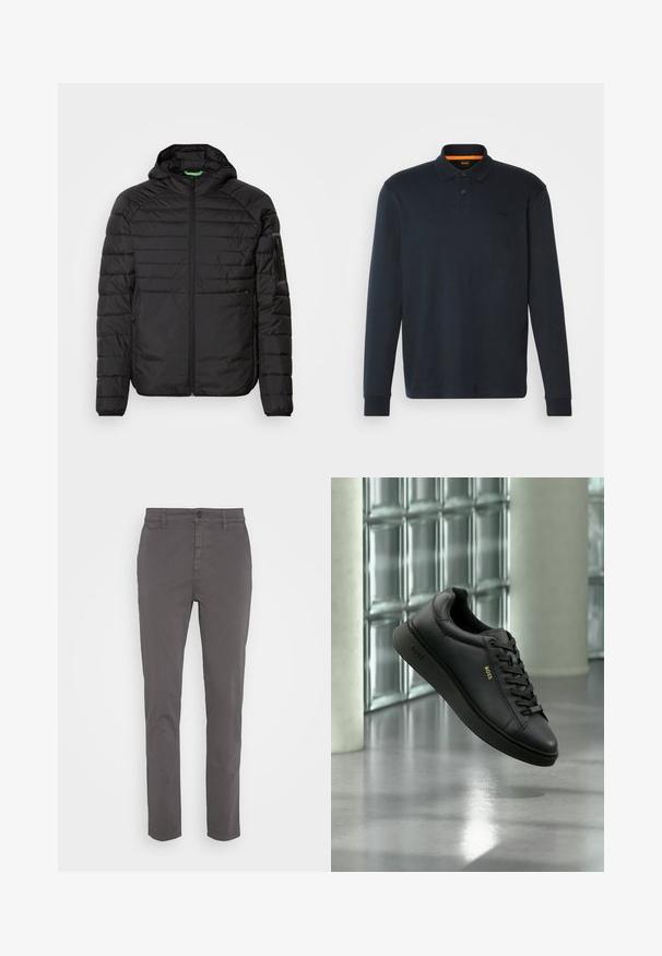 Veste à capuche matelassée noire avec fermeture éclair à l'avant, poches latérales zippées et une poche zippée sur la manche gauche sur fond blanc.; Polo à manches longues en coton marine foncé, doté d'une patte de boutonnage à trois boutons, de poignets côtelés et d'un petit logo embossé sur la poitrine.; Chino gris avec une coupe slim, fabriqué en coton respirant. Dispose d'une fermeture à bouton et de poches latérales, avec une finition lisse et mate.; Basket BOSS en cuir noir avec lacets flottant en intérieur devant un mur en blocs de verre et un sol en béton.