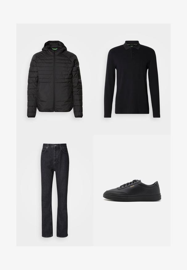 Chaqueta acolchada negra con capucha, cremallera frontal, bolsillos laterales con cremallera y un bolsillo con cremallera en la manga izquierda, sobre un fondo blanco.; Polo negro de manga larga hecho de tela suave. Cuenta con un cuello, una tapeta con tres botones y un sutil logo en el pecho.; Jeans de mezclilla negros de cintura alta con cierre de botón y cremallera, bolsillos frontales y traseros, y corte recto.; Zapatillas de cuero negro con una textura suave, punta redondeada, suela plana de goma y cordones a tono. Presentan el logotipo dorado "BOSS" en el lateral.