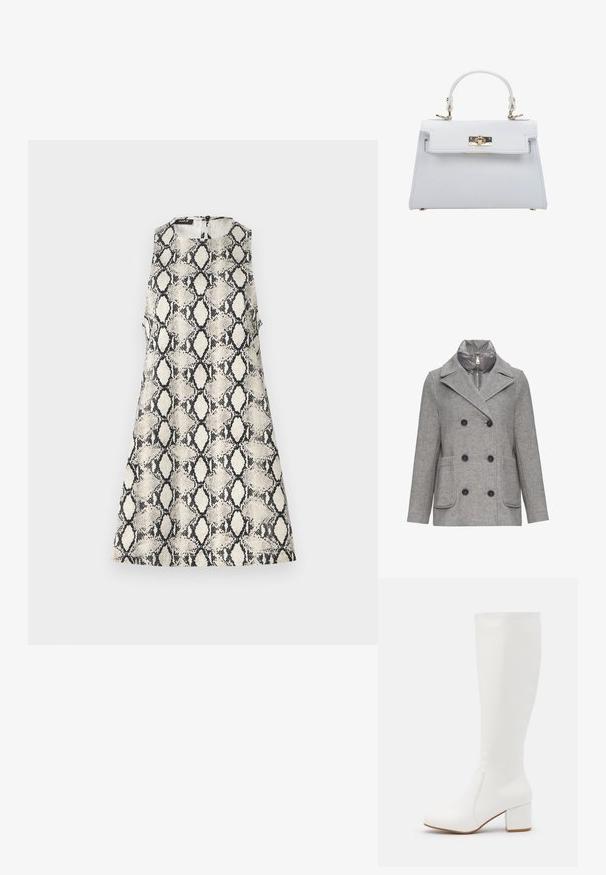 Manteau en mélange de laine gris avec un design croisé, de grands boutons noirs, deux poches avant et une couche intérieure rembourrée amovible.; Une robe sans manches avec un motif de serpent beige et noir, un col rond et une fermeture éclair dans le dos.; Bottes blanches jusqu'au genou avec une finition lisse et brillante. Talon carré et détails de couture subtils sur le côté.; ESTRO Sac à main - white