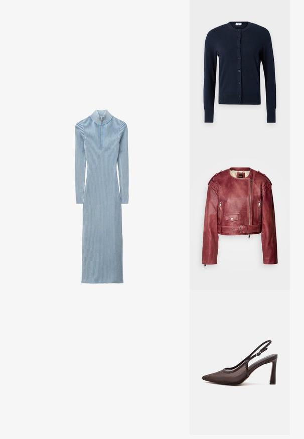 Korte leren jas in diep bordeaux met een ronde halslijn en cropped pasvorm. Heeft ritssluitingen, een ceintuur en gevoerde voering.; Filippa K CARDIGAN - Vest - navy; Lichtblauwe geribbelde midi-jurk met lange mouwen, een hoge kraag en een halve ritssluiting aan de voorkant.; Zwarte high-heel slingback schoen met spitse neus en verstelbare gespsluiting op een witte achtergrond.