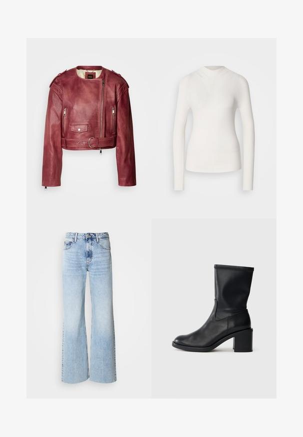 Chaqueta de cuero corta en burdeos profundo con cuello redondo y corte ajustado. Cuenta con cremalleras, una cintura con cinturón y forro acolchado.; Top blanco de manga larga con un cuello alto, textura acanalada y diseño ajustado. Presenta un aspecto sin costuras y una sutil forma de V en la parte delantera.; Pantalones vaqueros de pierna ancha en azul claro con textura de denim desgastado, cintura alta y diseño clásico de cinco bolsillos. Cuenta con un cierre de botón y cremallera.; Botín negro de cuero hasta el tobillo con punta redonda, textura suave y tacón grueso, que presenta un eje ajustado y un sutil detalle de costura.