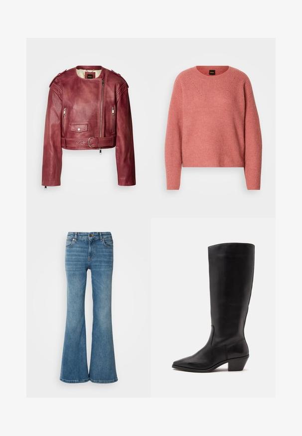 Kurze Lederjacke in tiefem Burgunderrot mit rundem Ausschnitt und tailliertem Schnitt. Verfügt über Reißverschlüsse, einen Gürtel in der Taille und eine gesteppten Futter.; Rosa gestrickter Pullover mit runder Kragenlinie, langen Ärmeln und gerippter Textur. Verfügt über ein Zickzackmuster auf der Brust und subtile Details.; Hellblaue, weit geschnittene Jeans aus Denim, mit fünf Taschen, sichtbaren Nähten und einem Knopf- sowie Reißverschlussverschluss an der Taille.; Schwarzer Lederstiefel bis zur Wade mit spitzer Spitze und niedrigem schrägem Absatz vor einfachem hellem Hintergrund.